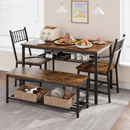 Dining Table Set for 4, Kitchen Table and Chairs for 4 with Wine Rack, Rectangular Dining Room Table Set with Bench, 4 Piece Dining Table Set for Small Space, Apartment, Retro Brown