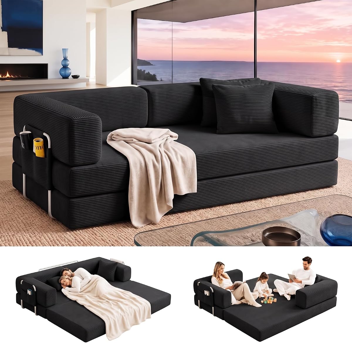 Folding Sofa Bed Convertable Corduroy Couch King Size Floor Sleeper 4-in-1 DIY