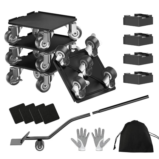 Heavy Duty Furniture Dolly Set with 5 Wheels, Furniture Movers with Lifter Tool, Carbon Steel Moving Sliders for Sofa Refrigerator Cabinet, 360° Rotating Casters, Black, 5.3 Inch