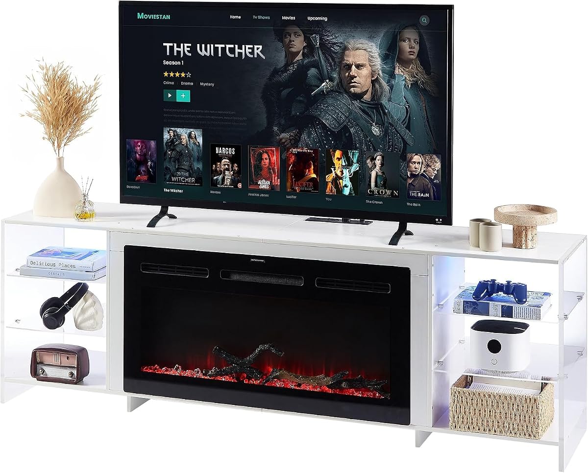 70.5" Electric Fireplace TV Stand for 75" TV with LED Storage, White