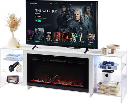 70.5" Electric Fireplace TV Stand for 75" TV with LED Storage, White