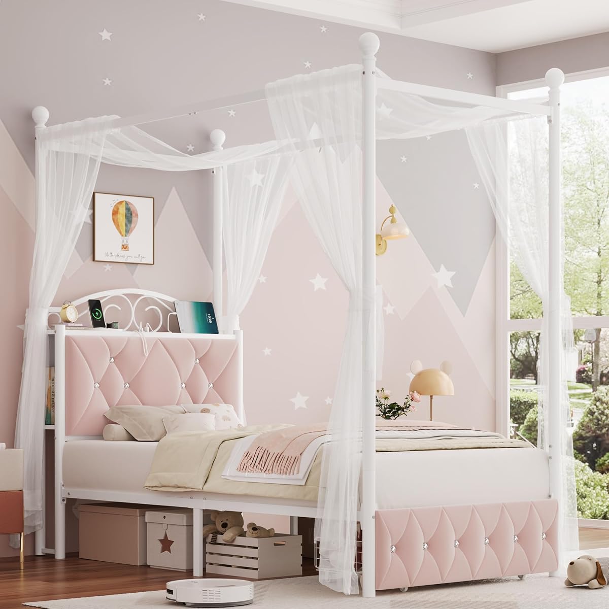 Twin Upholstered Canopy Bed Frame with Drawer & Crystal Tufted Storage