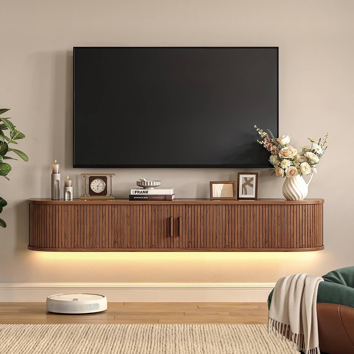 63" Floating TV Stand with Power Outlet for TVs up to 75", Walnut