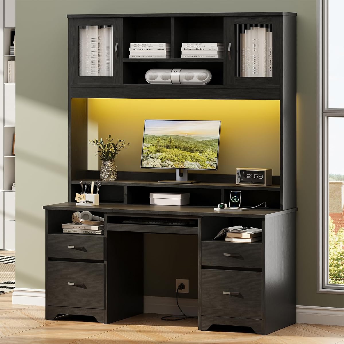 77.8" H Computer Desk with Hutch, Charging Station, LED Light,Black