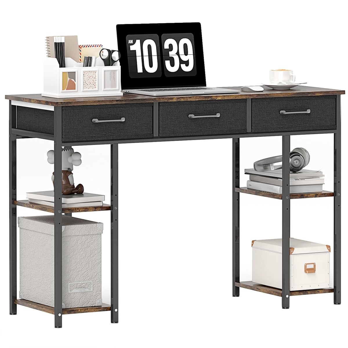 47" Computer Desk with 3 Fabric Drawers, Home Office Desk with Adjustable Shelves, Small Writing Desk with Storage, Rustic Brown