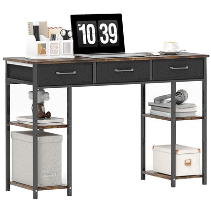47" Computer Desk with 3 Fabric Drawers, Home Office Desk with Adjustable Shelves, Small Writing Desk with Storage, Rustic Brown