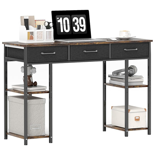 47" Computer Desk with 3 Fabric Drawers, Home Office Desk with Adjustable Shelves, Small Writing Desk with Storage, Rustic Brown