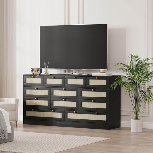 GAOMON Wooden Dressers for Bedroom with 12 Drawers, 61" Wide TV Stand Dresser for 65 inch TV, Rattan Chest of Drawers for Living Room, Hallway, Modern Wood Closet Dressers for Adult Room