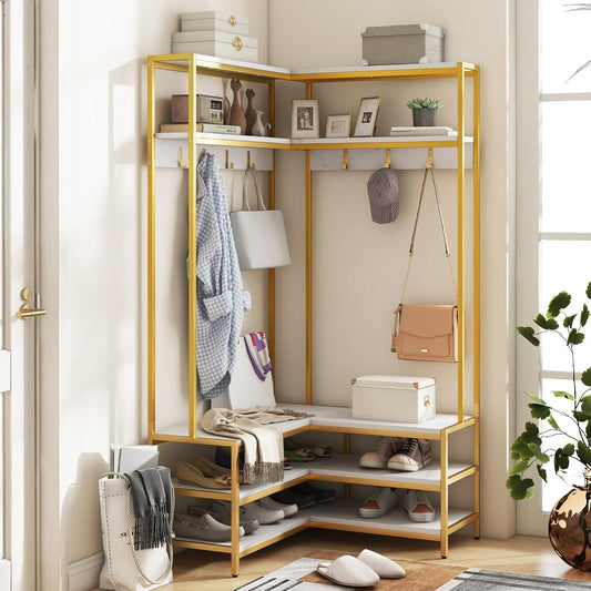 Corner Coat Rack with Shoe Bench, L-Shaped Garment Rack with 5 Shelves & 7 Hooks, Heavy Duty Freestanding Clothes Racks Entryway Bench with Shoes Organizer for Hallway (White & Gold)