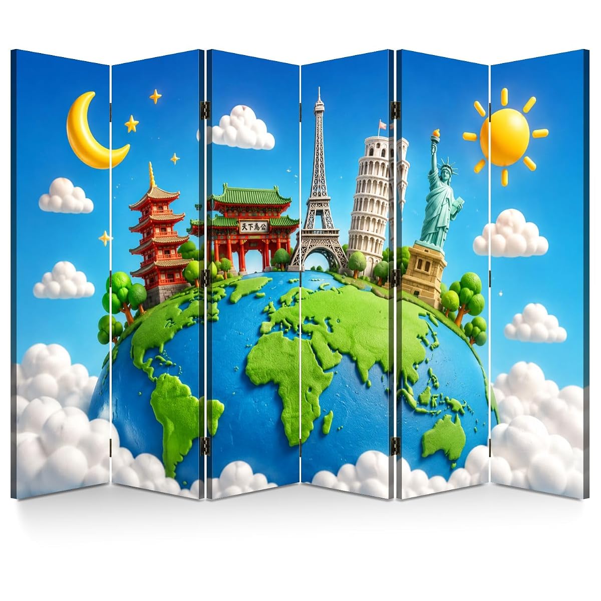 6 Panels Folding Screen Room Divider Whimsical World Landmarks Globe Vibrant Sky Clouds Boho Divider for Room Separation Portable Privacy Partition Screen Indoor