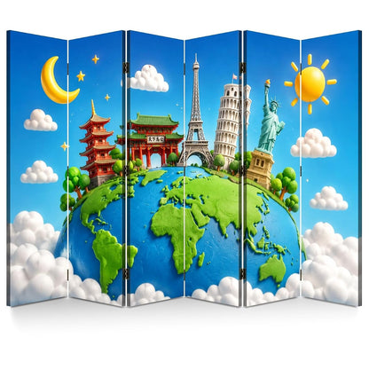 6 Panels Folding Screen Room Divider Whimsical World Landmarks Globe Vibrant Sky Clouds Boho Divider for Room Separation Portable Privacy Partition Screen Indoor