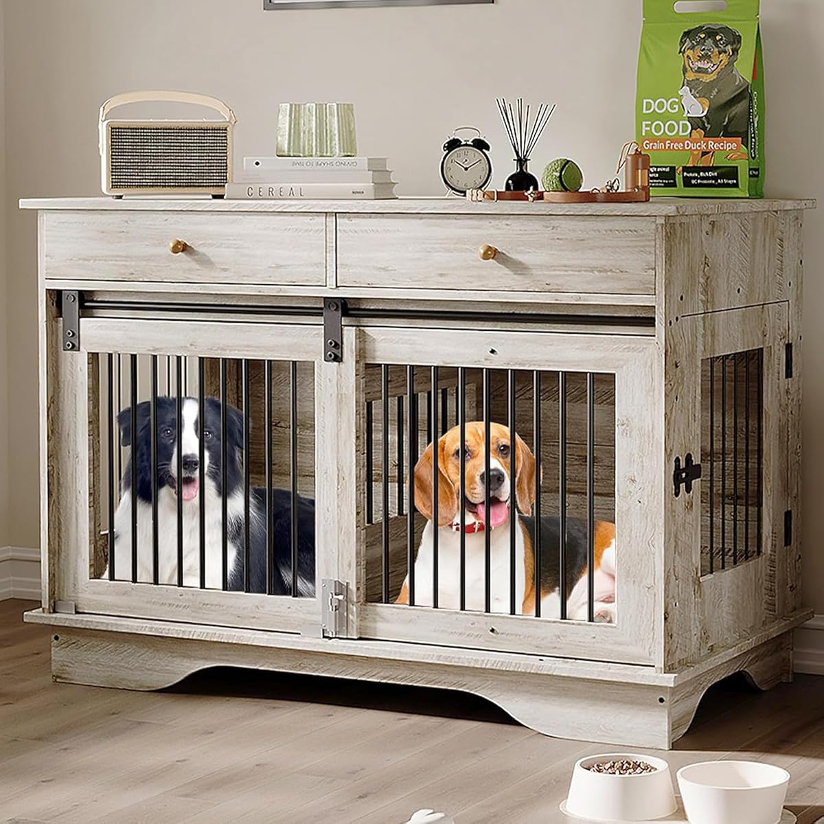 Double Dog Crate Furniture with 2 Drawers
