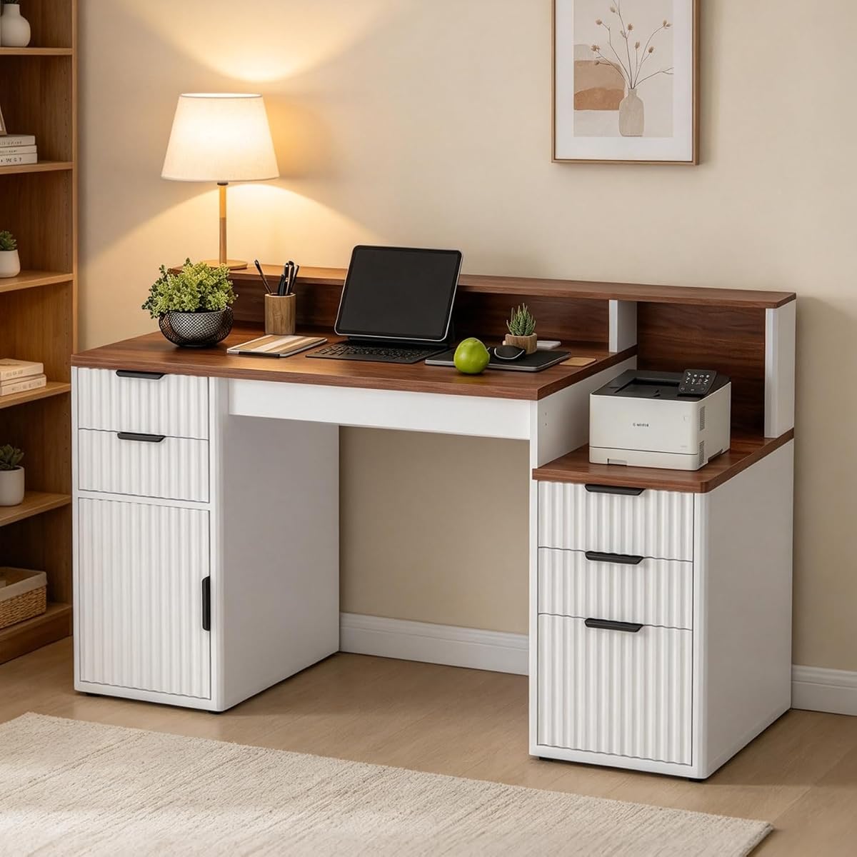 Home Office Computer Desk with Hutch & Printer Shelf, Brown & White