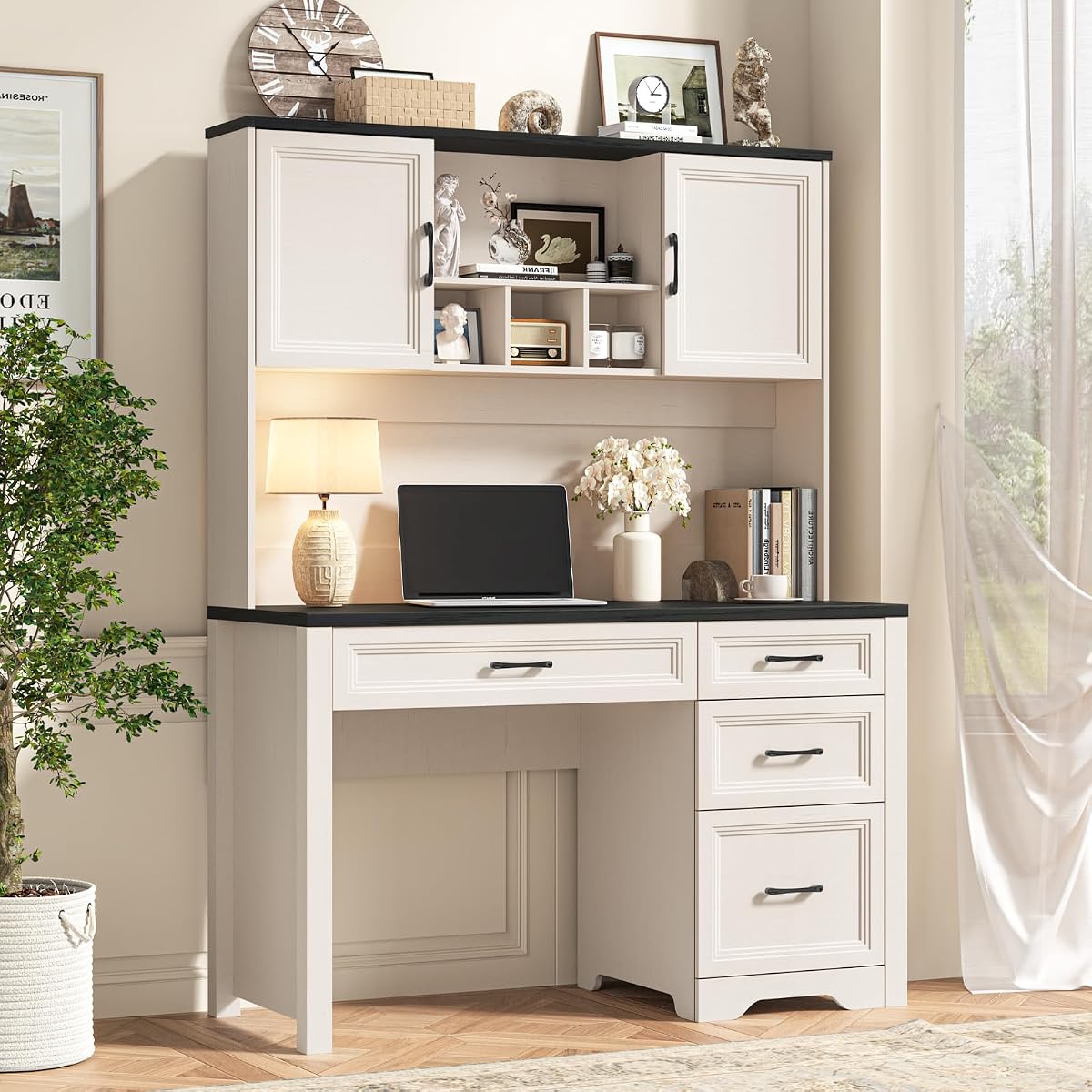 Farmhouse Executive Desk with 4 Drawers and Storage Cabinet