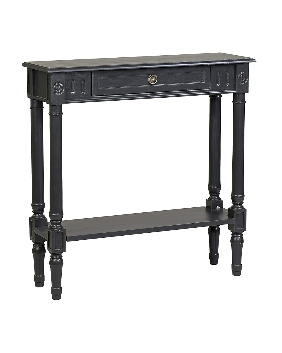 Marisol Black Narrow Console Table for Entryway with Drawer | 31.5-inch slim sofa table with lower shelf, solid wood frame, distressed finish, hallway storage for small spaces