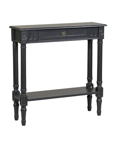 Marisol Black Narrow Console Table for Entryway with Drawer | 31.5-inch slim sofa table with lower shelf, solid wood frame, distressed finish, hallway storage for small spaces