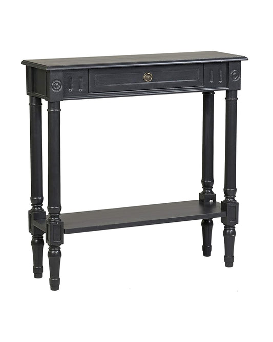 Marisol Black Narrow Console Table for Entryway with Drawer | 31.5-inch slim sofa table with lower shelf, solid wood frame, distressed finish, hallway storage for small spaces