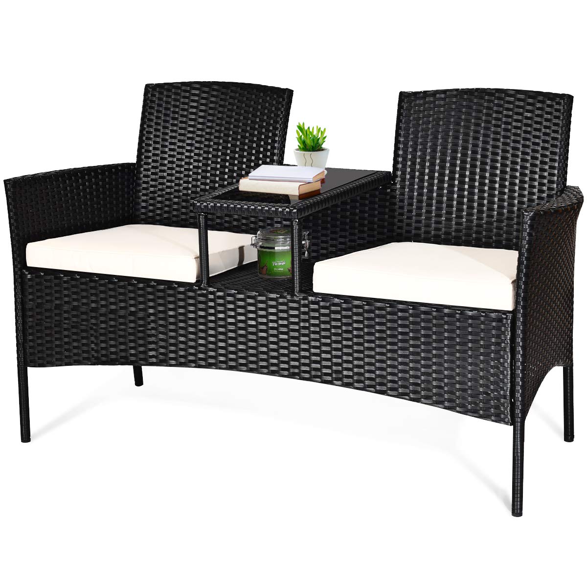 Wicker Patio Conversation Furniture Set, Outdoor Furniture Set with Removable Cushions & Table, Tempered Glass Top, Modern Rattan Bench for Garden Lawn Backyard (White)