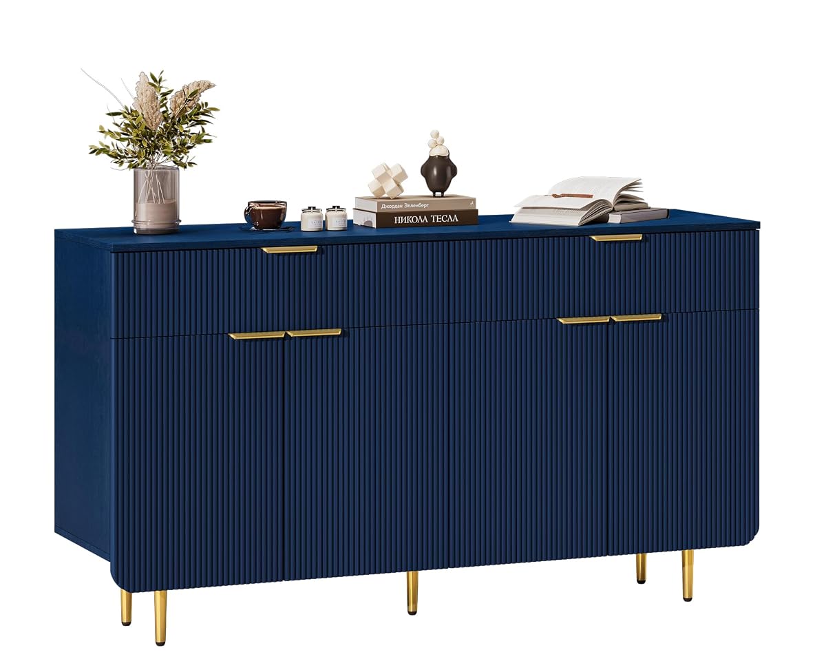 58 Inch Fluted Sideboard Buffet Cabinet with Storage, Blue