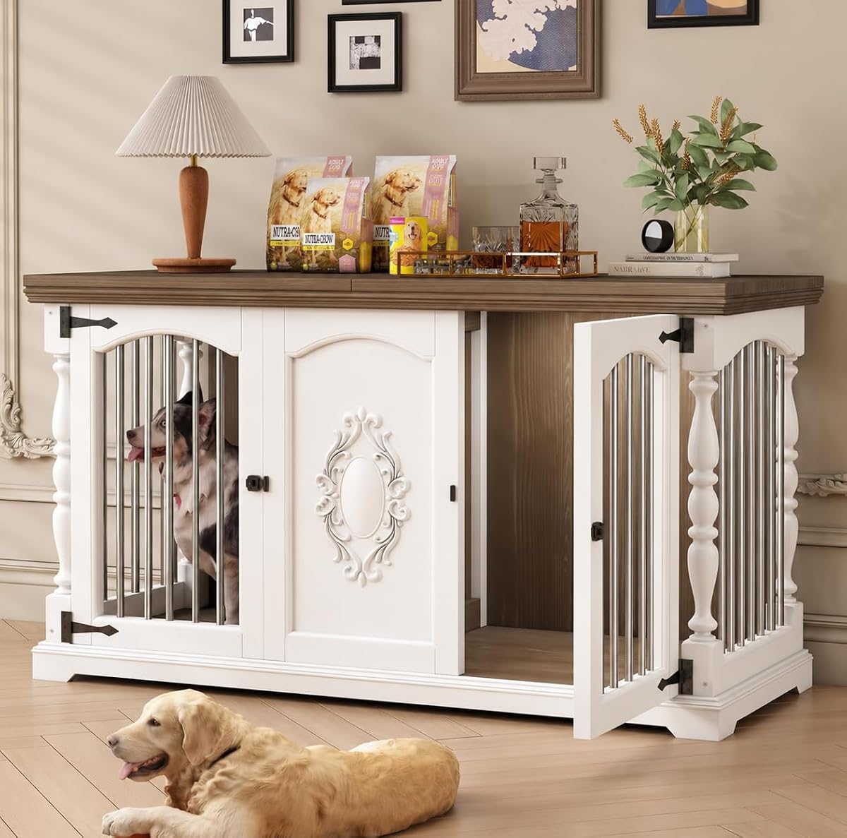 62" Farmhouse Dog Crate Furniture for 2 Dogs,Dog Crate TV Stand, White