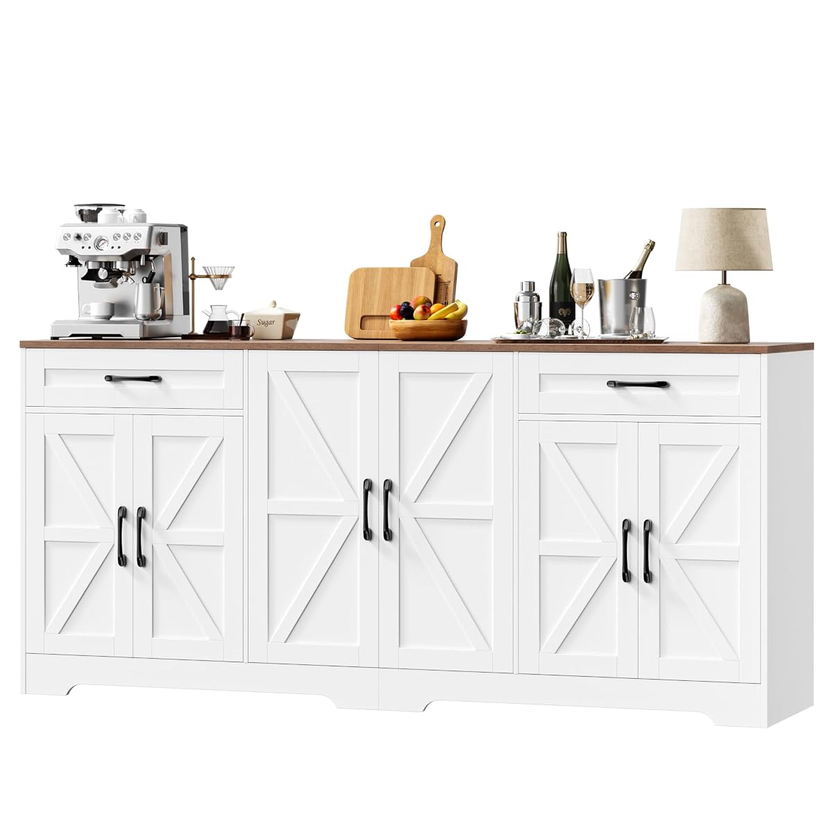 71” Large Sideboard Buffet Cabinet with Storage, Farmhouse Kitchen Buffet Cabinet with Adjustable Shelves and 6 Barn Doors, Wood Coffee Wine Bar Console Table for Kitchen, Dining Room, White