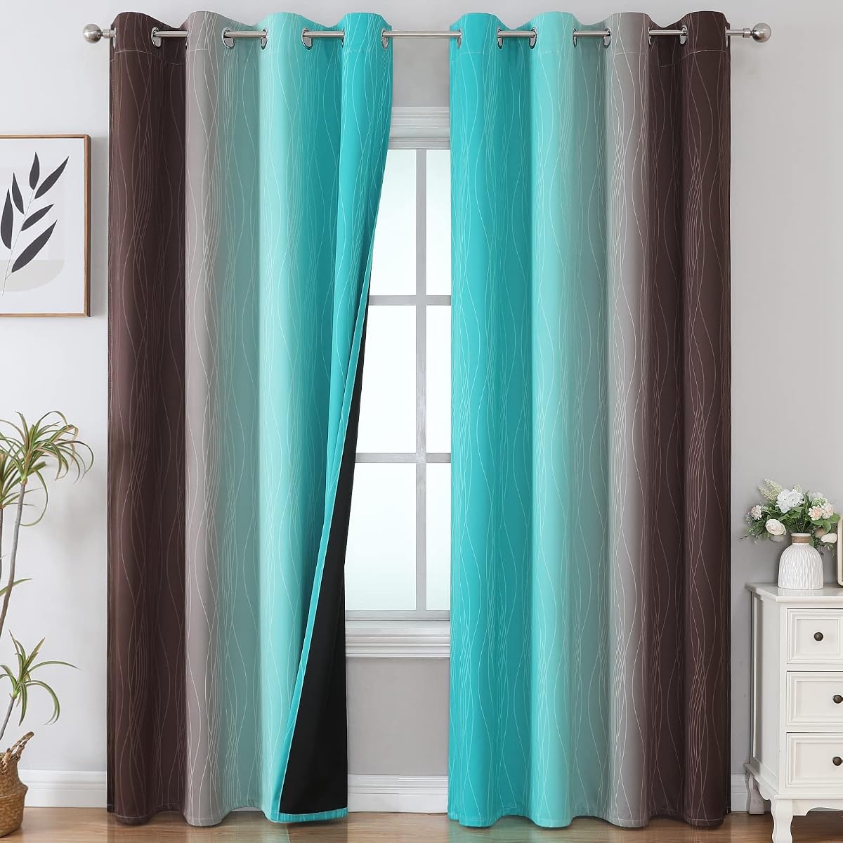 Teal and Brown Blackout Curtains for Bedroom, Thermal Insulated Drapes 108 Inches Long, Full Light Blocking Energy Saving Long Curtains for Living Room, 52Wx108L, 2 Panels