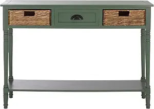 SAFAVIEH Home Collection - Christa Entryway Console Table, Dusty Green Solid Wood 3-Drawer Storage Sofa Table with Rattan Baskets (AMH5737J)