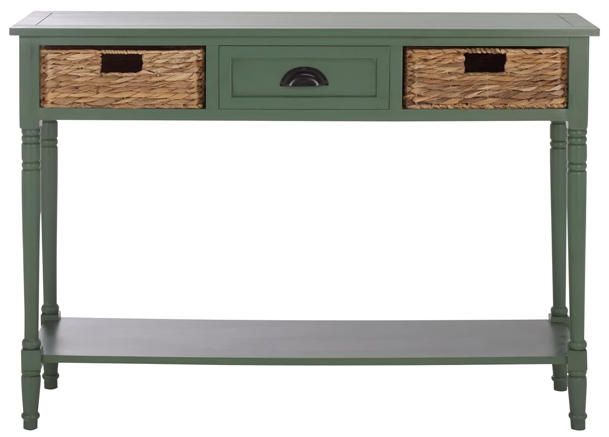 SAFAVIEH Home Collection - Christa Entryway Console Table, Dusty Green Solid Wood 3-Drawer Storage Sofa Table with Rattan Baskets (AMH5737J)