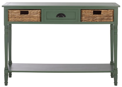 SAFAVIEH Home Collection - Christa Entryway Console Table, Dusty Green Solid Wood 3-Drawer Storage Sofa Table with Rattan Baskets (AMH5737J)