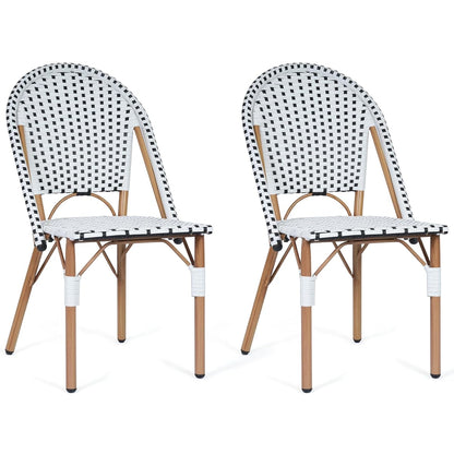 Patio French Chairs Set of 2, Outdoor Hand-Woven PE Wicker Armless Dining Chairs w/Metal Frame, Rattan Bistro Chairs for Front Porch Garden Deck Balcony Poolside, White/Black