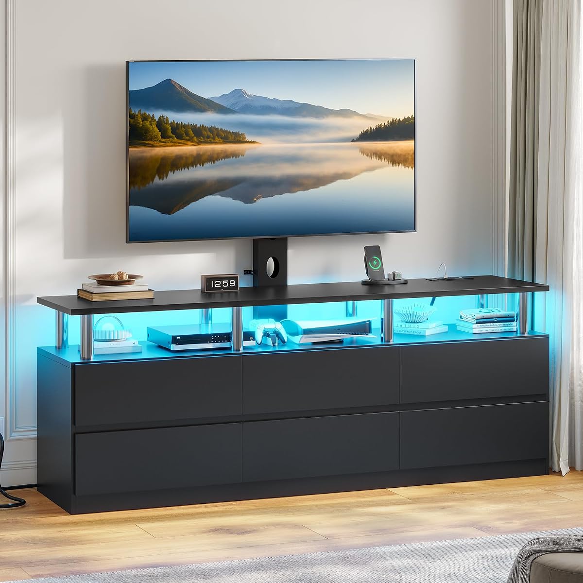 Black LED TV Stand with Mount and Power Outlet