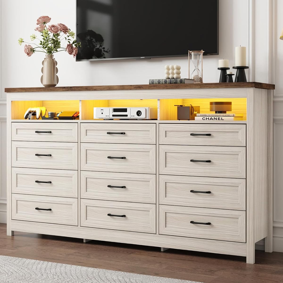 Farmhouse 12 Drawer Dresser with LED Lights