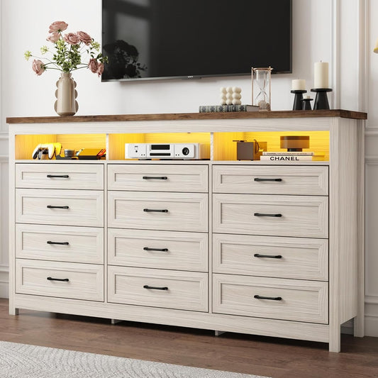 Farmhouse 12 Drawer Dresser with LED Lights