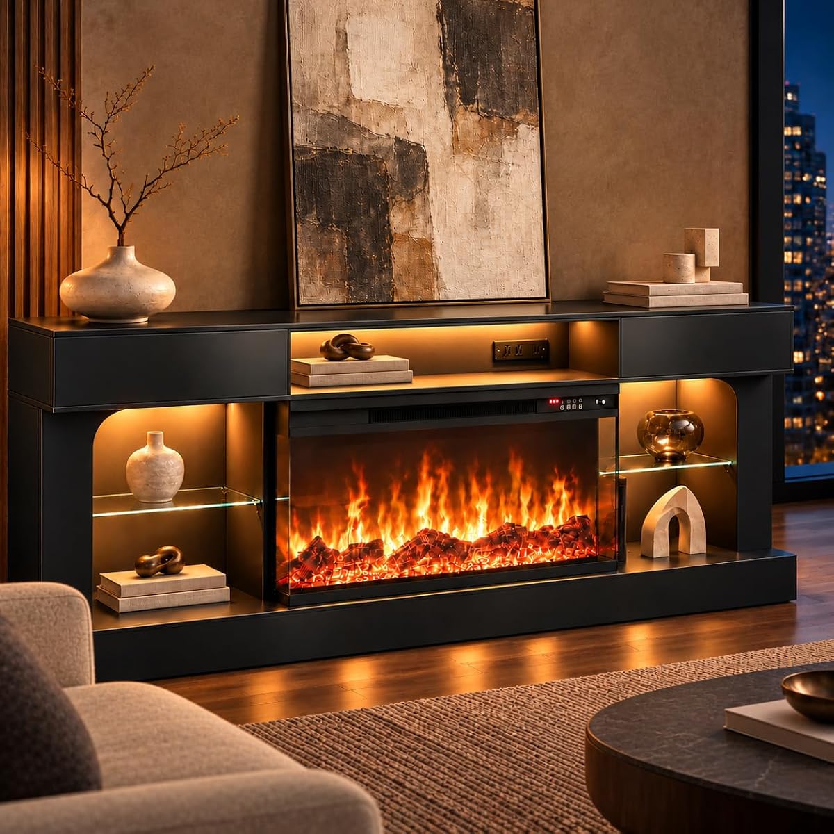 70 Inch Electric Fireplace TV Stand, Modern Entertainment Center with Fireplace