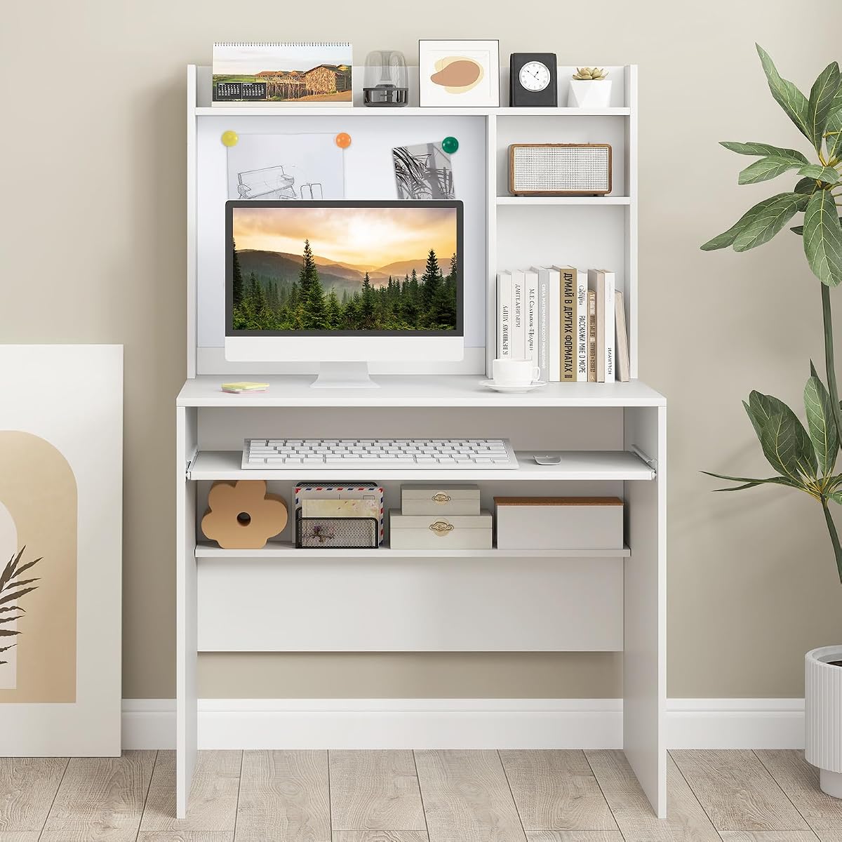 Computer Desk with Hutch, Space Saving Laptop Desk with Magnetic Whiteboard