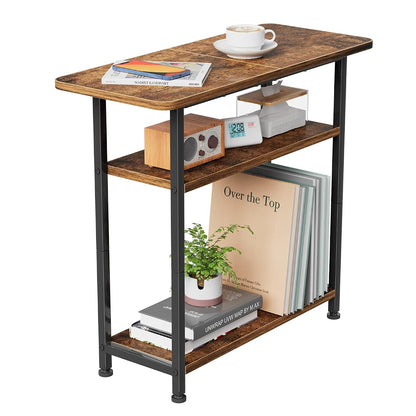 Narrow Side Table, 3-Tier End Table with Wide Storage Tabletop, Nightstand for Bedroom Living Room, Rustic Brown