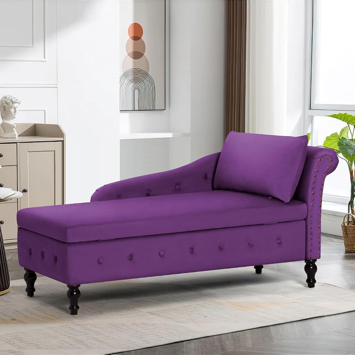 Velvet Chaise Lounge w/Right Armrest & Storage Space, Purpel