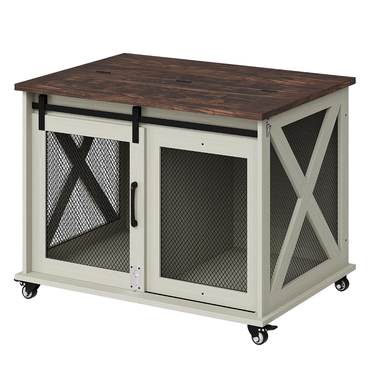 Modern Farmhouse Wooden Dog Crate Furniture with Sliding Barn Door, Turn Top