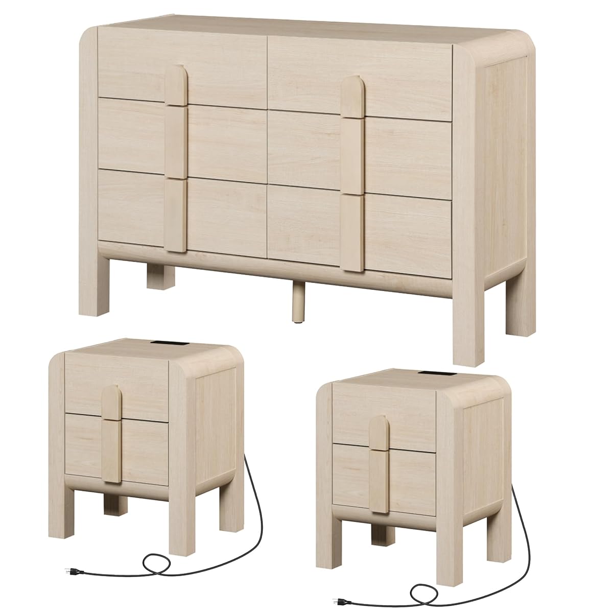 3 Piece Dresser and Nightstand Sets for Bedroom, 47.2" W Modern 6 Drawer Dresser & 23.7” Tall Nightstand Set of 2 with Charging Station for Bedroom, Curved Profile Design, Beige