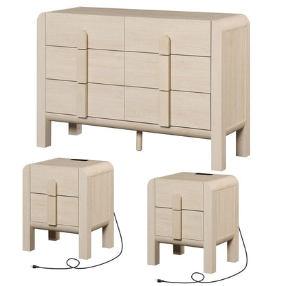 3 Piece Dresser and Nightstand Sets for Bedroom, 47.2" W Modern 6 Drawer Dresser & 23.7” Tall Nightstand Set of 2 with Charging Station for Bedroom, Curved Profile Design, Beige