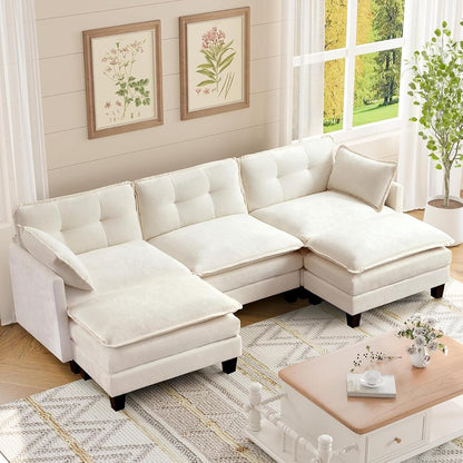 Modular Sectional Sofa, 111.5" U-Shaped Chenille Comfy Sectional Couches for Living Room, 3-Seater Cloud Couches with 2 Movable Ottomans, Flexible Combination Modern Deep Seat Sofa (Beige)