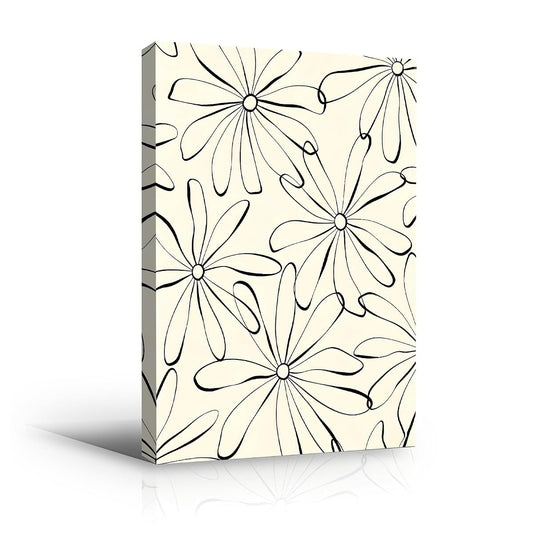 Black Line Daisy Flower Pattern Wall Art Canvas Print