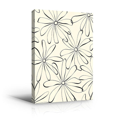 Black Line Daisy Flower Pattern Wall Art Canvas Print, minimal floral line art artwork in black and cream for bedroom, bedroom, office, apartment, modern farmhouse, and(16x24Inch,Gallery Wrapped）