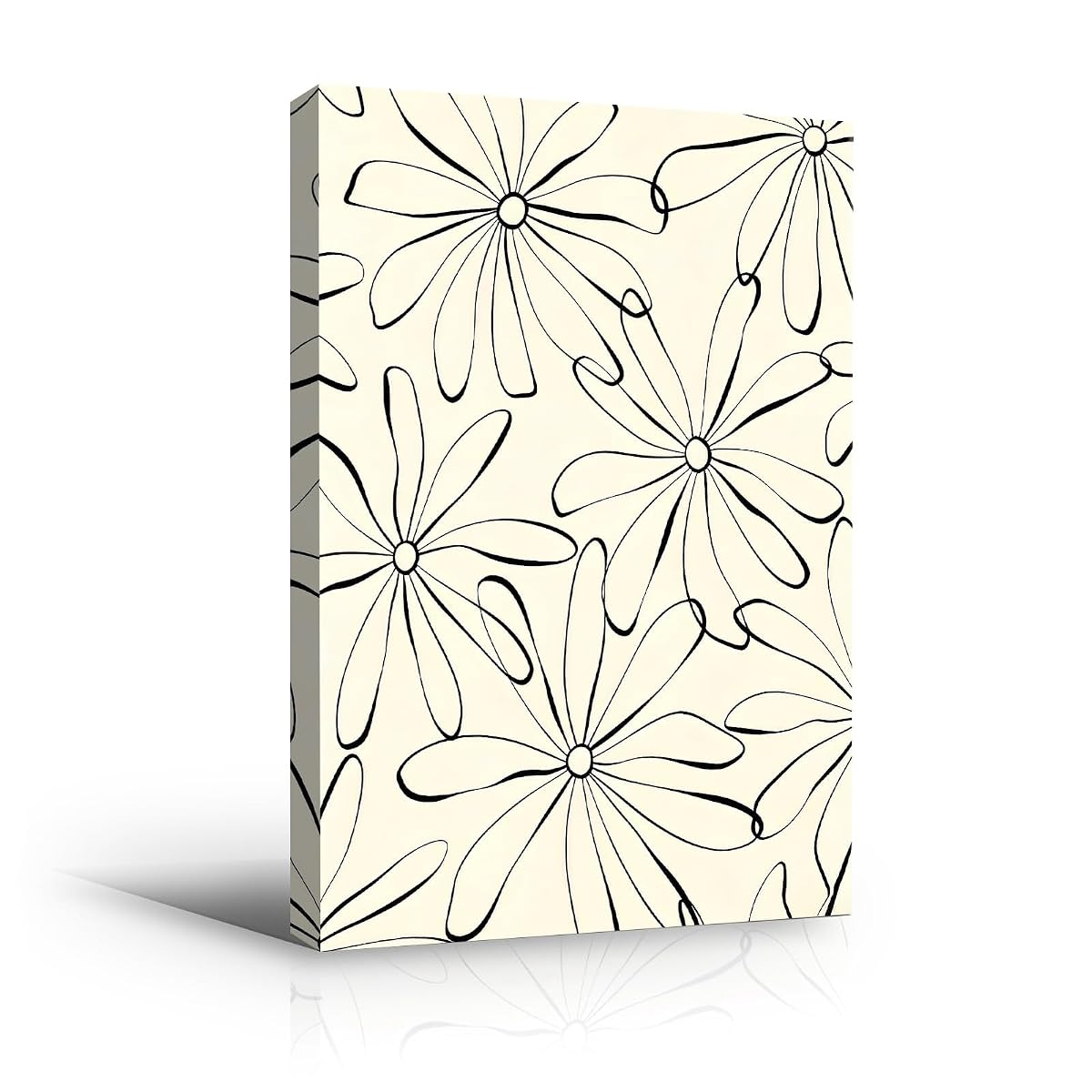 Black Line Daisy Flower Pattern Wall Art Canvas Print, minimal floral line art artwork in black and cream for bedroom, bedroom, office, apartment, modern farmhouse, and(12x18Inch,Gallery Wrapped）