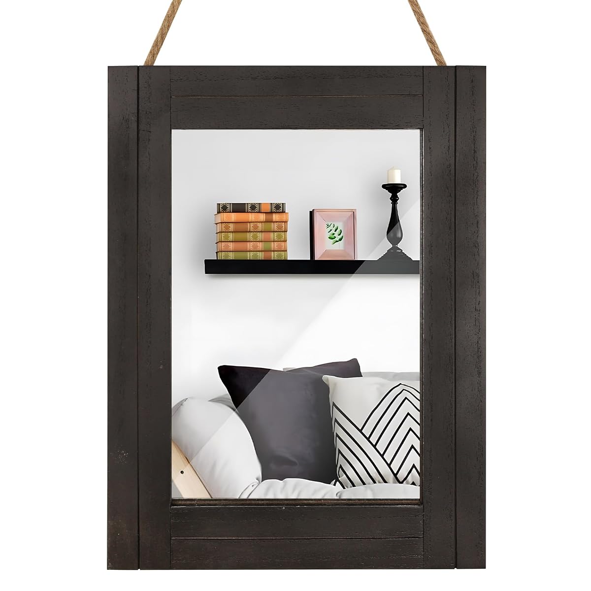 Rectangle Wall Mirror for Bathroom, Distressed White Wood Decor with Hanging Rope for Rustic Home Decor, Vanity, Living Room 12"×16"（Black）