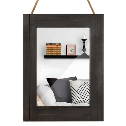 Rectangle Wall Mirror for Bathroom, Distressed White Wood Decor with Hanging Rope for Rustic Home Decor, Vanity, Living Room 12"×16"（Black）