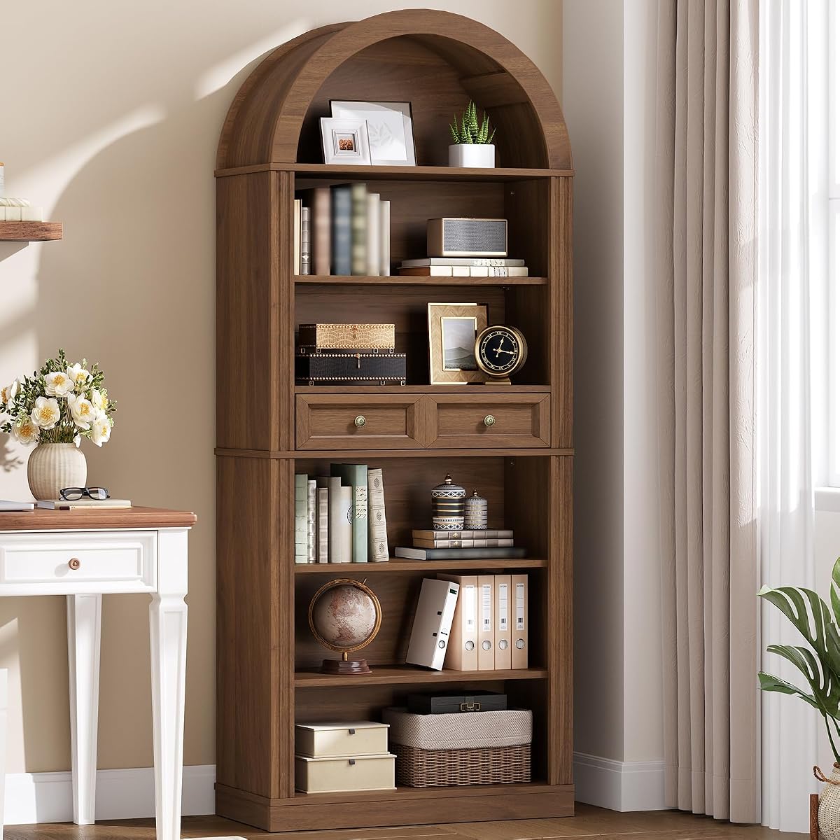 Arched Bookshelf, 73" Tall Arch Bookcase with Drawer