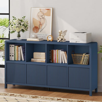 8 Cube Bookcase with 4 Doors, 57 Inch Wooden Bookshelf with Storage Cabinet