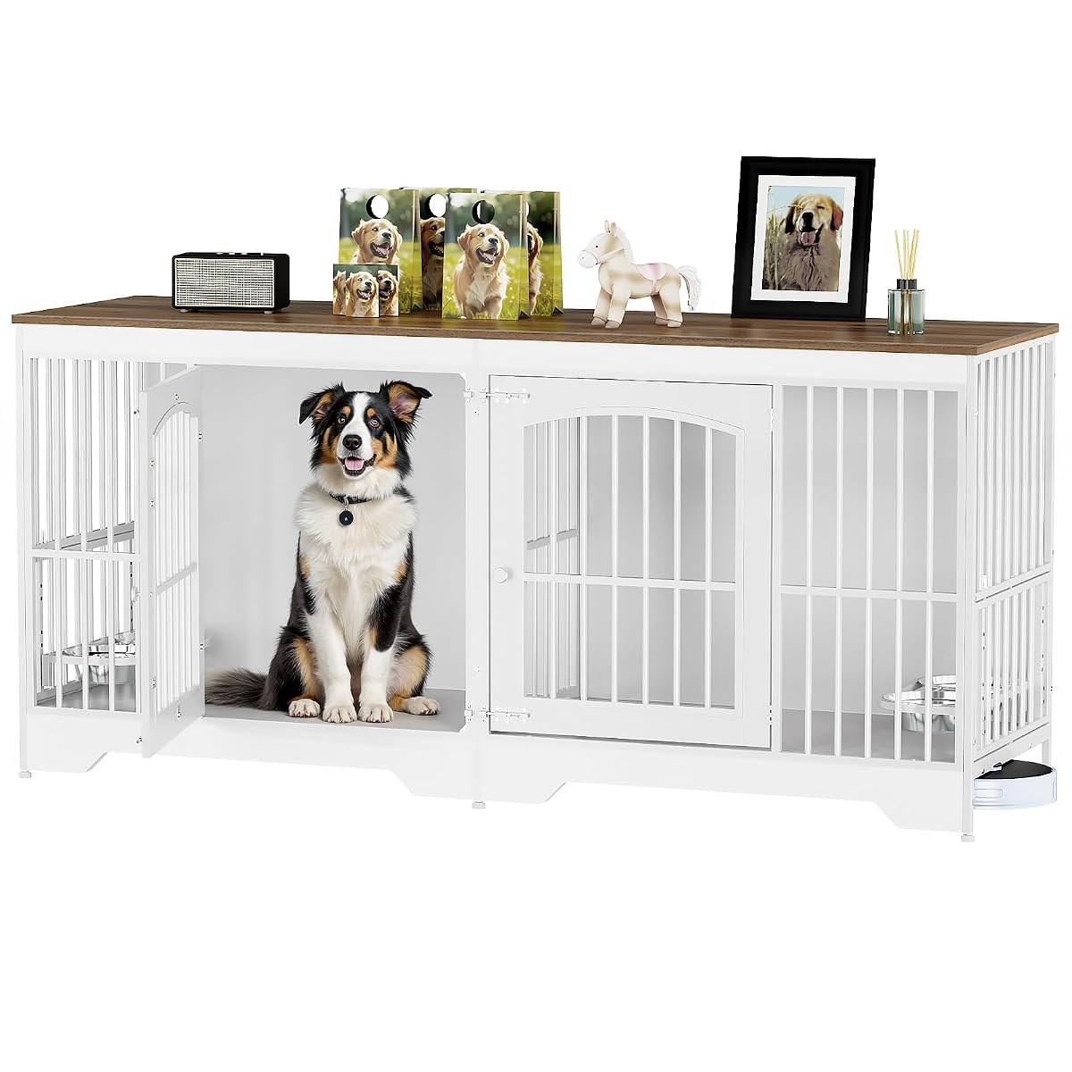 74.8” Dog Crate Furniture for 2 Dogs, Wooden Dog Kennel Indoor with Dog Bowls