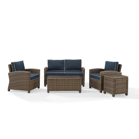 Crosley Furniture KO70050WB-NV Bradenton Outdoor Wicker 5-Piece Seating Set (Loveseat, 2 Arm Chairs, Side & Coffee Table), Weathered Brown with Navy Cushions